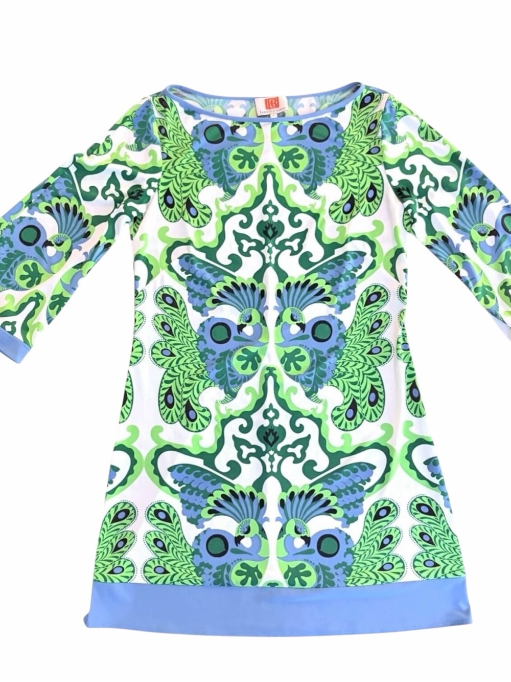 Laundry by Shelli Segal Peacock Print Tunic Shift Dress Blue Green 3/4 Sleeve M - Picture 7 of 8